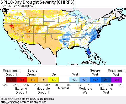 United States SPI 10-Day Drought Severity (CHIRPS) Thematic Map For 9/26/2020 - 10/5/2020