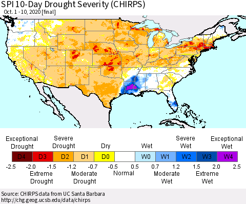 United States SPI 10-Day Drought Severity (CHIRPS) Thematic Map For 10/1/2020 - 10/10/2020
