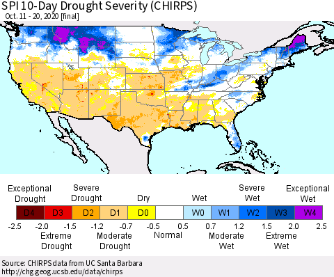 United States SPI 10-Day Drought Severity (CHIRPS) Thematic Map For 10/11/2020 - 10/20/2020
