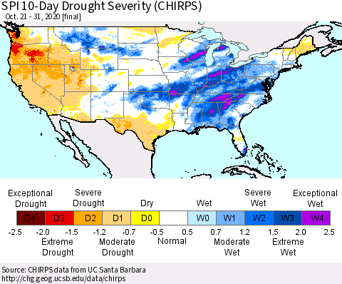 United States SPI 10-Day Drought Severity (CHIRPS) Thematic Map For 10/21/2020 - 10/31/2020