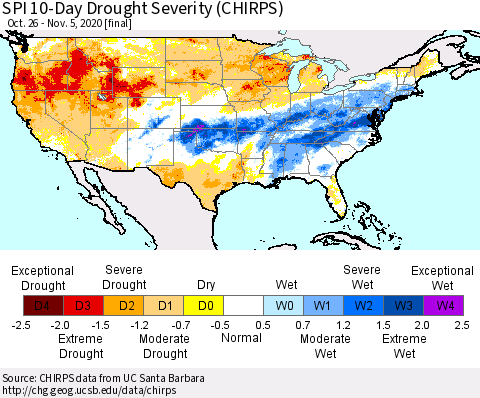 United States SPI 10-Day Drought Severity (CHIRPS) Thematic Map For 10/26/2020 - 11/5/2020