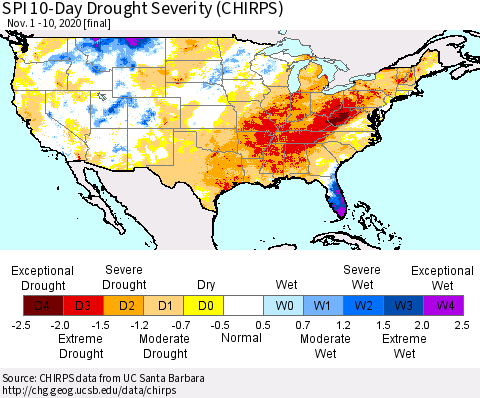 United States SPI 10-Day Drought Severity (CHIRPS) Thematic Map For 11/1/2020 - 11/10/2020