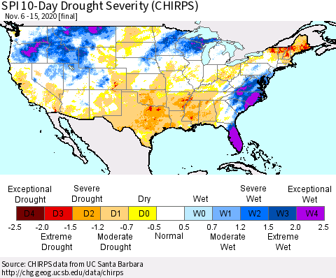 United States SPI 10-Day Drought Severity (CHIRPS) Thematic Map For 11/6/2020 - 11/15/2020