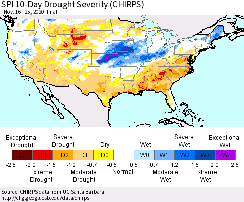 United States SPI 10-Day Drought Severity (CHIRPS) Thematic Map For 11/16/2020 - 11/25/2020