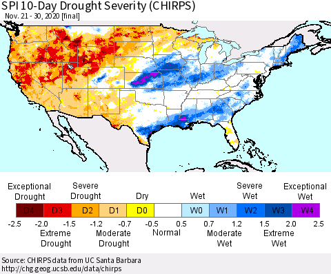 United States SPI 10-Day Drought Severity (CHIRPS) Thematic Map For 11/21/2020 - 11/30/2020
