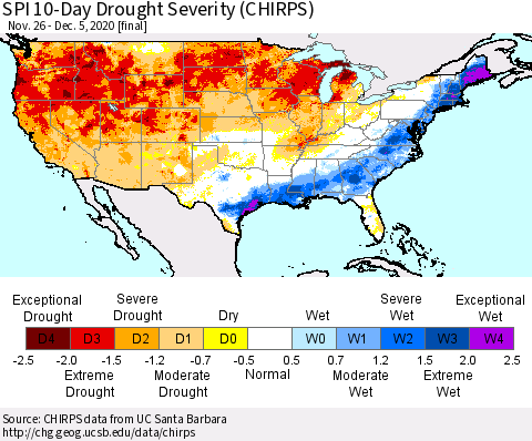 United States SPI 10-Day Drought Severity (CHIRPS) Thematic Map For 11/26/2020 - 12/5/2020