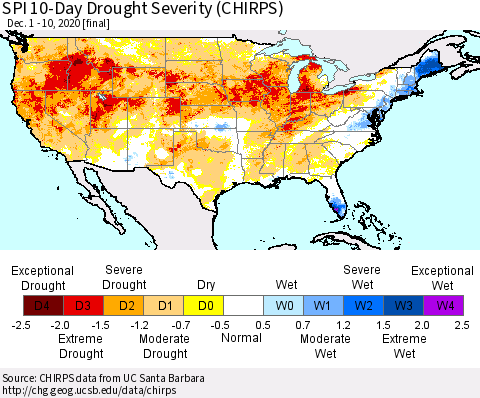 United States SPI 10-Day Drought Severity (CHIRPS) Thematic Map For 12/1/2020 - 12/10/2020