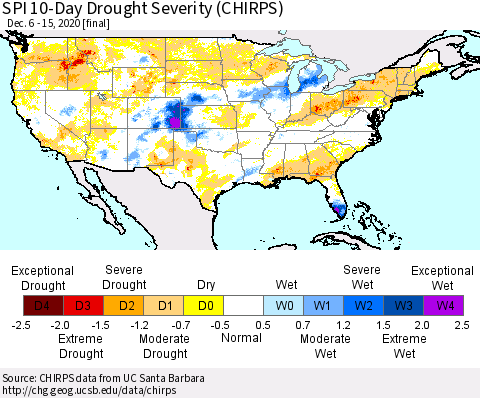 United States SPI 10-Day Drought Severity (CHIRPS) Thematic Map For 12/6/2020 - 12/15/2020