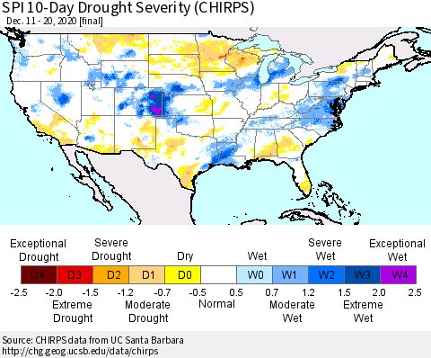 United States SPI 10-Day Drought Severity (CHIRPS) Thematic Map For 12/11/2020 - 12/20/2020