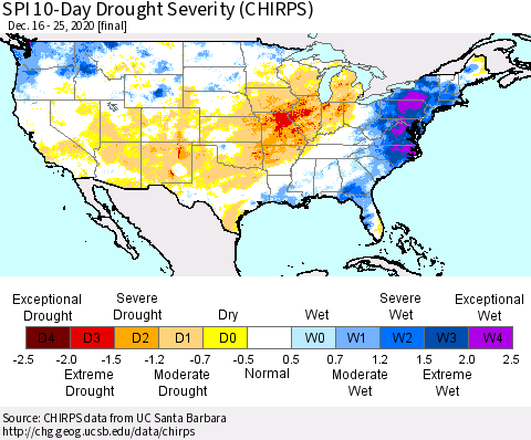 United States SPI 10-Day Drought Severity (CHIRPS) Thematic Map For 12/16/2020 - 12/25/2020