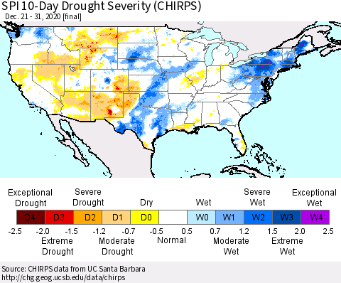 United States SPI 10-Day Drought Severity (CHIRPS) Thematic Map For 12/21/2020 - 12/31/2020