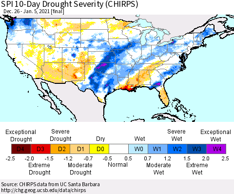 United States SPI 10-Day Drought Severity (CHIRPS) Thematic Map For 12/26/2020 - 1/5/2021