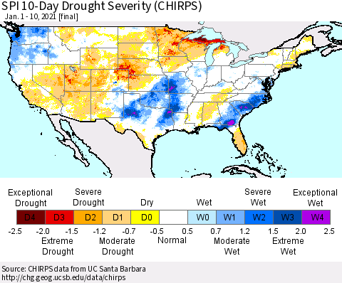 United States SPI 10-Day Drought Severity (CHIRPS) Thematic Map For 1/1/2021 - 1/10/2021