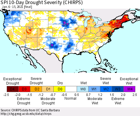 United States SPI 10-Day Drought Severity (CHIRPS) Thematic Map For 1/6/2021 - 1/15/2021