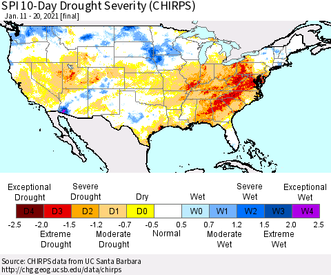 United States SPI 10-Day Drought Severity (CHIRPS) Thematic Map For 1/11/2021 - 1/20/2021