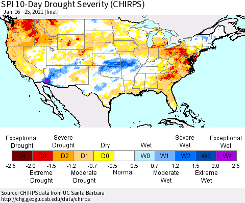 United States SPI 10-Day Drought Severity (CHIRPS) Thematic Map For 1/16/2021 - 1/25/2021