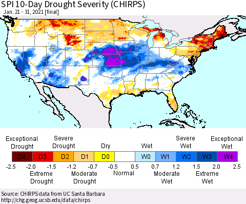 United States SPI 10-Day Drought Severity (CHIRPS) Thematic Map For 1/21/2021 - 1/31/2021