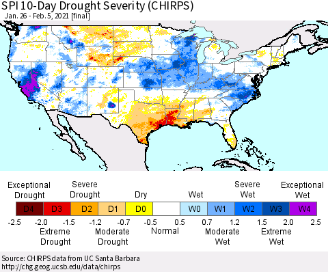 United States SPI 10-Day Drought Severity (CHIRPS) Thematic Map For 1/26/2021 - 2/5/2021