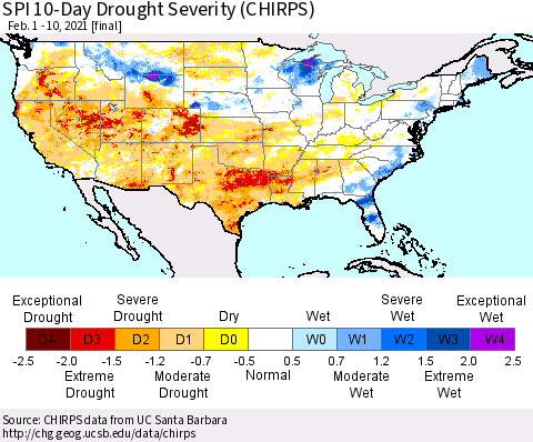 United States SPI 10-Day Drought Severity (CHIRPS) Thematic Map For 2/1/2021 - 2/10/2021
