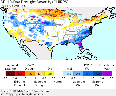 United States SPI 10-Day Drought Severity (CHIRPS) Thematic Map For 2/6/2021 - 2/15/2021