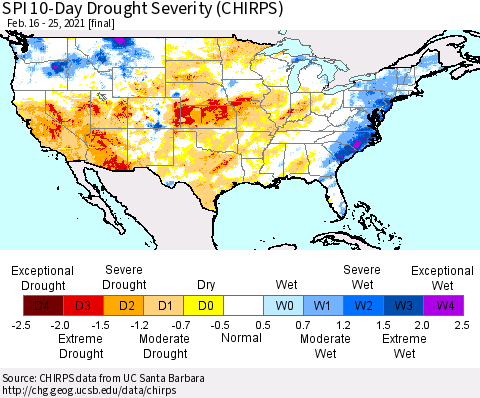 United States SPI 10-Day Drought Severity (CHIRPS) Thematic Map For 2/16/2021 - 2/25/2021