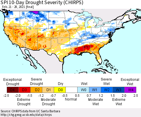 United States SPI 10-Day Drought Severity (CHIRPS) Thematic Map For 2/21/2021 - 2/28/2021