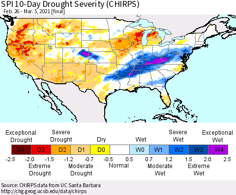 United States SPI 10-Day Drought Severity (CHIRPS) Thematic Map For 2/26/2021 - 3/5/2021
