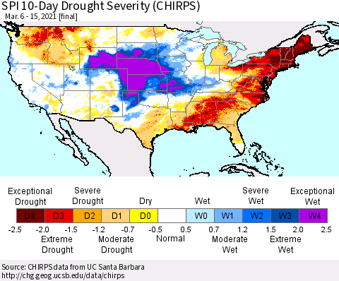 United States SPI 10-Day Drought Severity (CHIRPS) Thematic Map For 3/6/2021 - 3/15/2021