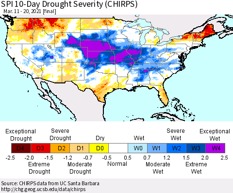 United States SPI 10-Day Drought Severity (CHIRPS) Thematic Map For 3/11/2021 - 3/20/2021