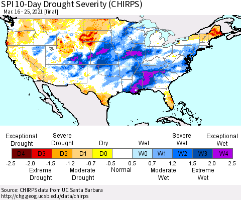 United States SPI 10-Day Drought Severity (CHIRPS) Thematic Map For 3/16/2021 - 3/25/2021