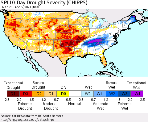 United States SPI 10-Day Drought Severity (CHIRPS) Thematic Map For 3/26/2021 - 4/5/2021