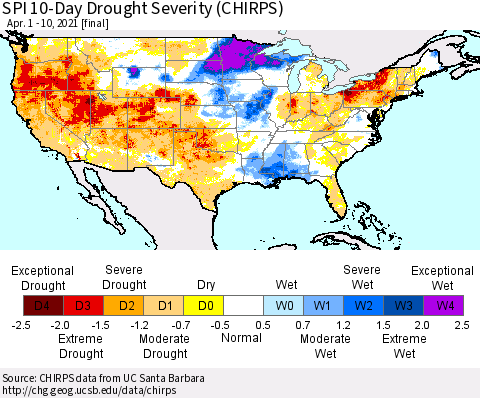 United States SPI 10-Day Drought Severity (CHIRPS) Thematic Map For 4/1/2021 - 4/10/2021
