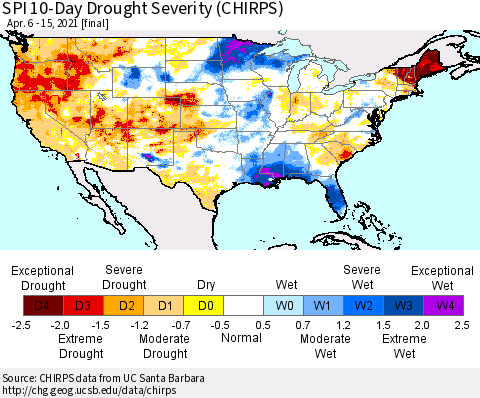 United States SPI 10-Day Drought Severity (CHIRPS) Thematic Map For 4/6/2021 - 4/15/2021