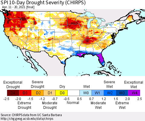 United States SPI 10-Day Drought Severity (CHIRPS) Thematic Map For 4/11/2021 - 4/20/2021