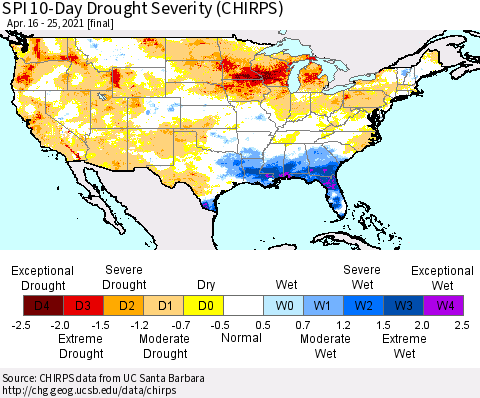 United States SPI 10-Day Drought Severity (CHIRPS) Thematic Map For 4/16/2021 - 4/25/2021