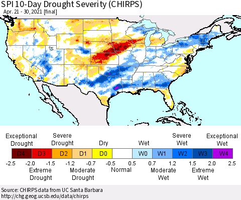 United States SPI 10-Day Drought Severity (CHIRPS) Thematic Map For 4/21/2021 - 4/30/2021