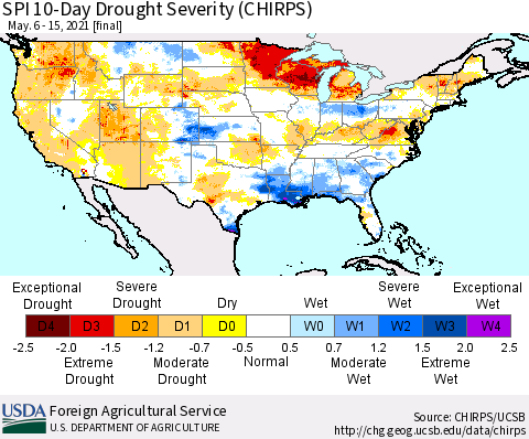 United States SPI 10-Day Drought Severity (CHIRPS) Thematic Map For 5/6/2021 - 5/15/2021