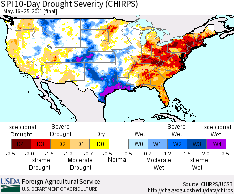 United States SPI 10-Day Drought Severity (CHIRPS) Thematic Map For 5/16/2021 - 5/25/2021