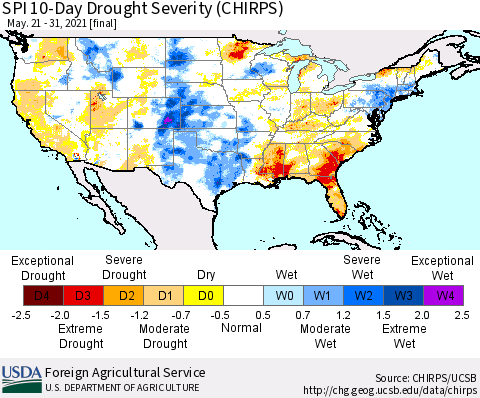 United States SPI 10-Day Drought Severity (CHIRPS) Thematic Map For 5/21/2021 - 5/31/2021