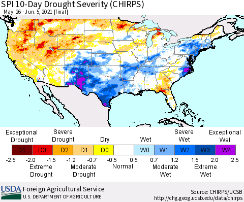 United States SPI 10-Day Drought Severity (CHIRPS) Thematic Map For 5/26/2021 - 6/5/2021
