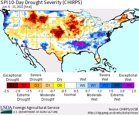 United States SPI 10-Day Drought Severity (CHIRPS) Thematic Map For 6/6/2021 - 6/15/2021