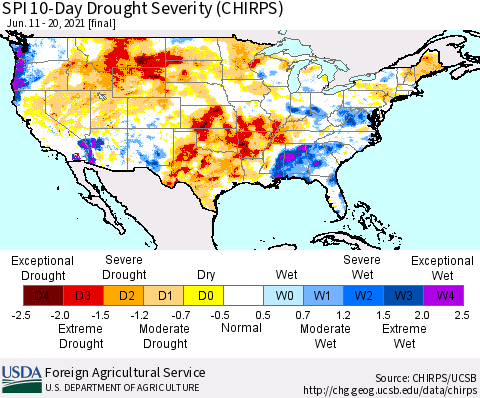 United States SPI 10-Day Drought Severity (CHIRPS) Thematic Map For 6/11/2021 - 6/20/2021