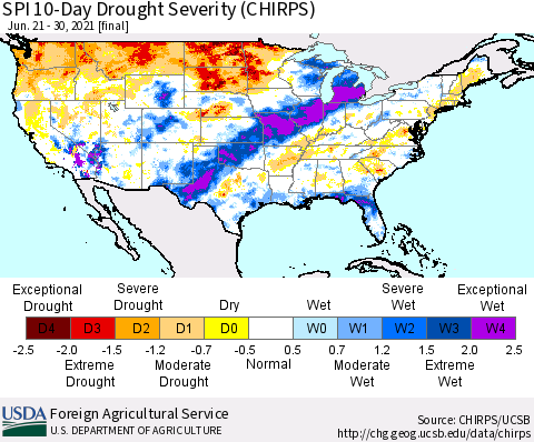 United States SPI 10-Day Drought Severity (CHIRPS) Thematic Map For 6/21/2021 - 6/30/2021