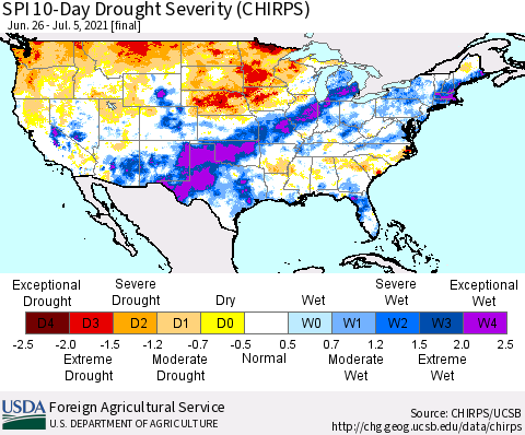 United States SPI 10-Day Drought Severity (CHIRPS) Thematic Map For 6/26/2021 - 7/5/2021