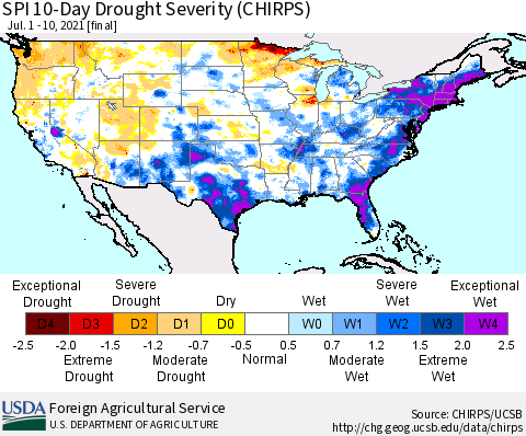 United States SPI 10-Day Drought Severity (CHIRPS) Thematic Map For 7/1/2021 - 7/10/2021