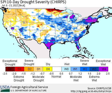 United States SPI 10-Day Drought Severity (CHIRPS) Thematic Map For 7/6/2021 - 7/15/2021