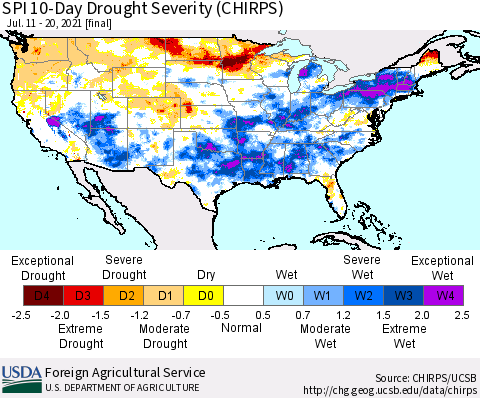 United States SPI 10-Day Drought Severity (CHIRPS) Thematic Map For 7/11/2021 - 7/20/2021