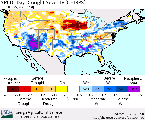 United States SPI 10-Day Drought Severity (CHIRPS) Thematic Map For 7/16/2021 - 7/25/2021