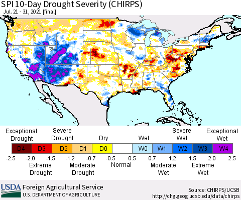 United States SPI 10-Day Drought Severity (CHIRPS) Thematic Map For 7/21/2021 - 7/31/2021