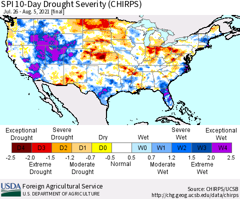 United States SPI 10-Day Drought Severity (CHIRPS) Thematic Map For 7/26/2021 - 8/5/2021